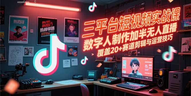 三平台短视频实战课，数字人制作加半无人直播，覆盖20+赛道剪辑与运营技巧-小哥网