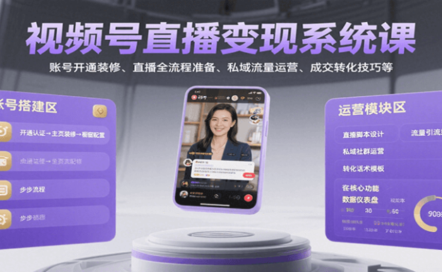 视频号直播变现系统课，账号开通装修、直播全流程准备、私域流量运营、成交转化技巧等