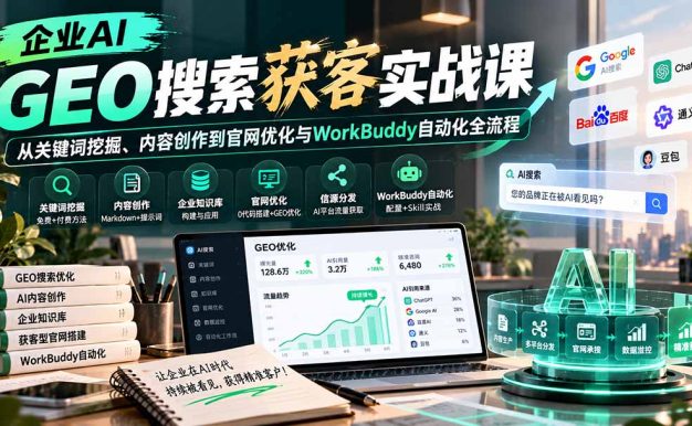 企业AI GEO搜索获客实战课:从关键词挖掘、内容创作到官网优化与WorkBuddy自动化全流程