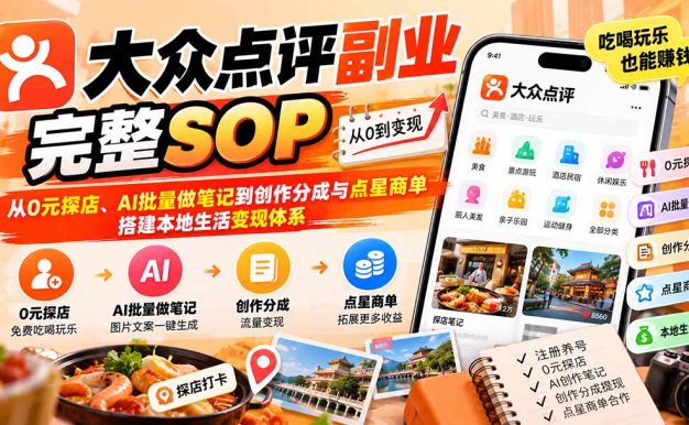 【无水印】大众点评副业完整SOP:从0元探店、AI批量做笔记到创作分成与点星商单,搭建本地生活变现体系