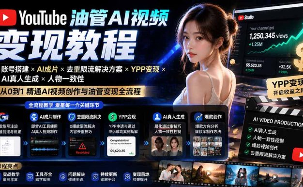 YouTube油管AI视频变现教程-更新0926:账号搭建×AI成片×去重限流解决方案×YPP变现×AI真人生成×人物一致性