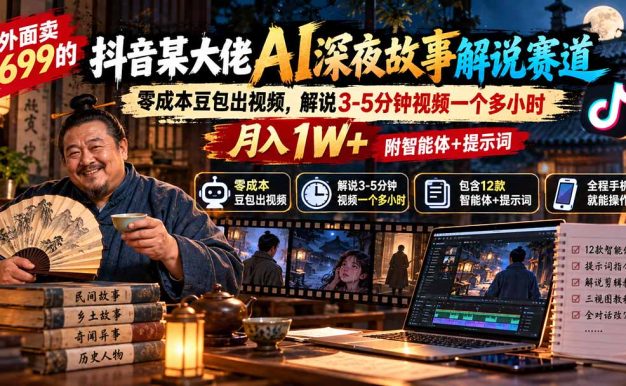 外面卖699的抖音某大佬AI深夜故事解说赛道:零成本豆包出视频,解说3-5分钟视频一个多小时,月入1W+附智能体+提示词