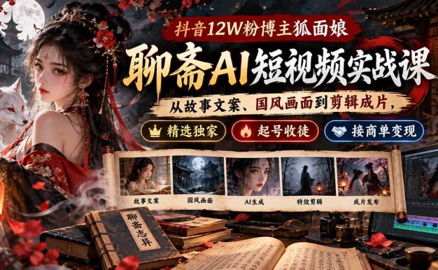 抖音12W粉博主狐面娘-聊斋AI短视频实战课:从故事文案、国风画面到剪辑成片,精选独家+起号收徒+接商单变现