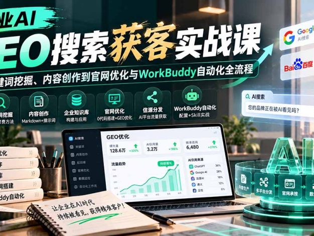企业AI GEO搜索获客实战课:从关键词挖掘、内容创作到官网优化与WorkBuddy自动化全流程