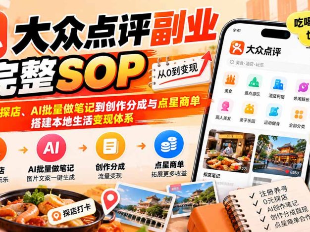 【无水印】大众点评副业完整SOP:从0元探店、AI批量做笔记到创作分成与点星商单,搭建本地生活变现体系