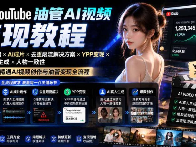 YouTube油管AI视频变现教程-更新0926:账号搭建×AI成片×去重限流解决方案×YPP变现×AI真人生成×人物一致性