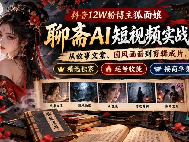 抖音12W粉博主狐面娘-聊斋AI短视频实战课:从故事文案、国风画面到剪辑成片,精选独家+起号收徒+接商单变现