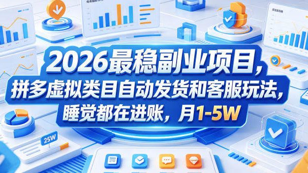 2026最稳副业项目，拼多多虚拟类目自动发货和客服玩法，睡觉都在进账，月1-5W【揭秘】
